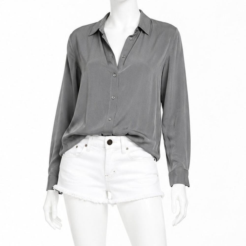 Quince Washable Stretch Silk Blouse Gray Lava Smoke Button Front Small